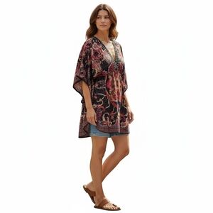 ANGIE Womens L Babydoll Tunic Top Paisley Studs Boho Peasant Flowy V Neck Artsy
